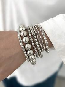 9pcs/7pcs Set Women's Fashion Casual Punk Style CCB Material Silver Open Bangle Elastic Beaded Bracelet Set, Girls Daily Party Travel Music Festival Street Wear Unique Personalized Bracelet Combination