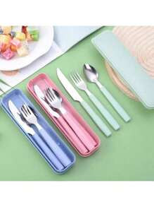 4 Stück tragbares Besteck-Set aus Edelstahl mit Messer, Gabel, Löffel und Aufbewahrungsbox - perfekt für Büros, Schulen, Picknicks, Camping und Outdoor-Aktivitäten (besonders geeignet für Kinder)