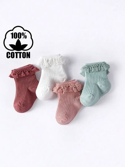 4 Pairs Baby Girls Colorful Striped Ruffled Mid-Calf Socks, Spring/Summer/Autumn