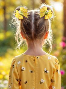 Set de 4 clips para el cabello con forma de lazo en amarillo y rojo para niñas, accesorios de tela con forma de abeja y mariquita, pasadores con clip de caimán como accesorios para el cabello para adolescentes de uso diario