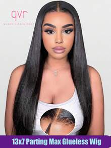 QVR QUEEN VIRGIN REMY QVR 180% Mật độ 22 inch Tóc người dài thẳng 13x7 Tóc giả ren phía trước Phần miễn phí Cắt sẵn Phần nhổ sẵn Tóc giả đóng ren tối đa Đường chân tóc tự nhiên Tóc giả không keo dành cho phụ nữ - Natural Black - Xem 1