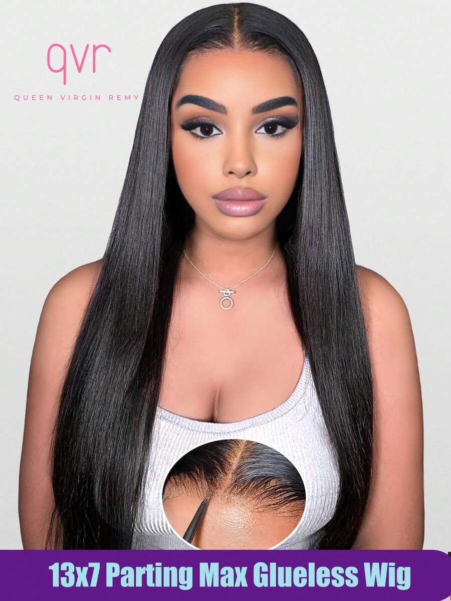 QVR QUEEN VIRGIN REMY QVR 180% Mật độ 22 inch Tóc người dài thẳng 13x7 Tóc giả ren phía trước Phần miễn phí Cắt sẵn Phần nhổ sẵn Tóc giả đóng ren tối đa Đường chân tóc tự nhiên Tóc giả không keo dành cho phụ nữ - Natural Black - Xem 1