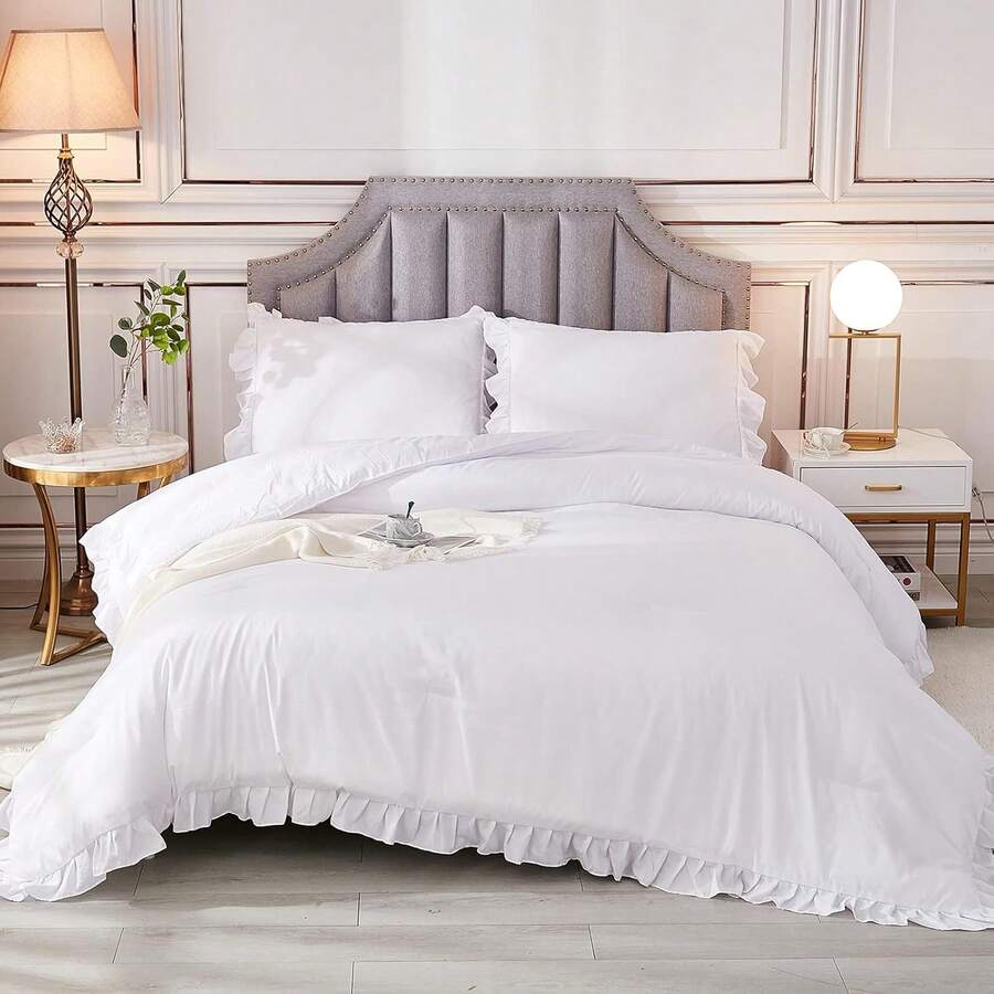 White California King Comforter Set, 3 Pieces Shabby Chic Ruffle Solid Cal King Bedding Sets, Oversized All Season Soft Lightweight Down Alternative Bed Set For Adults Men Women - White - View 1