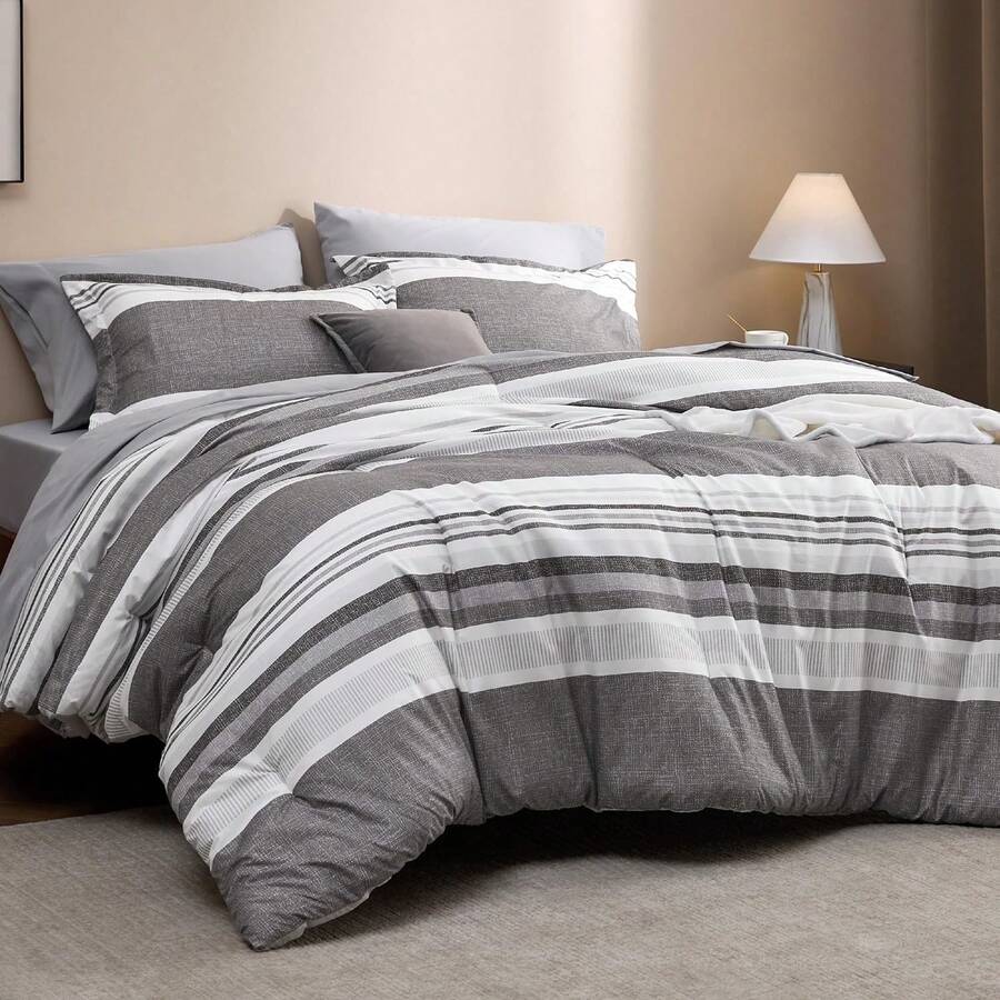 Queen Comforter Set 7 Pieces, Frost Grey Striped Bedding Set For Queen Size Bed Reversible, Cationic Dyeing Bed In A Bag With Comforter, Sheets, Pillowcases & Shams - Grey - View 1