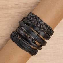 5pcs/6pcs Vintage Minimalist PU Leather Handmade Braided Bracelet Set, Suitable For Men And Women Everyday Wear