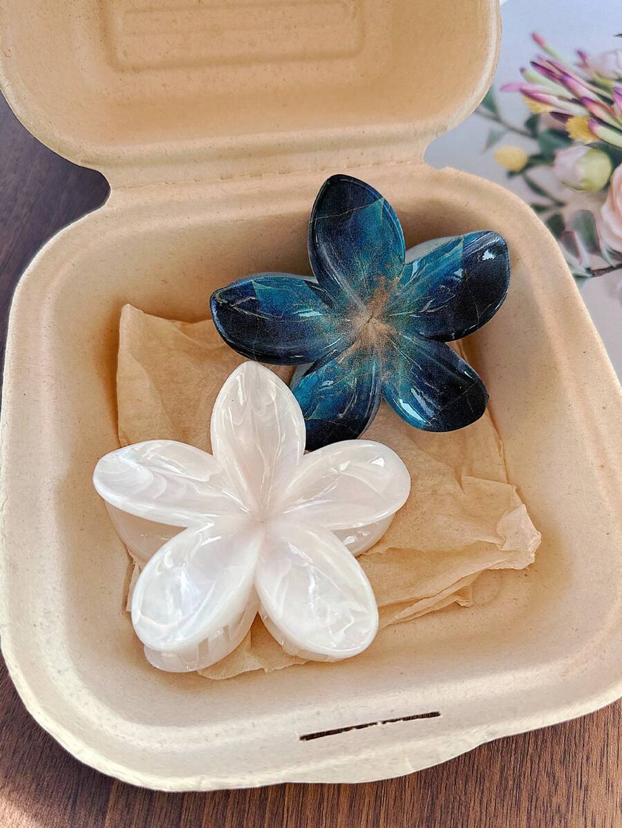 2pcs Women 3.15inch/8cm Blue & White Large Wave Floral Hair Clips, High Quality Elegant Simple Gradient Hair Accessories Suitable For Daily, Casual, Party, Work, Vacation, Washing Face, Make Up, Outfits Beauty Claw Clips Casual Hair Claw Fall Winter Flower