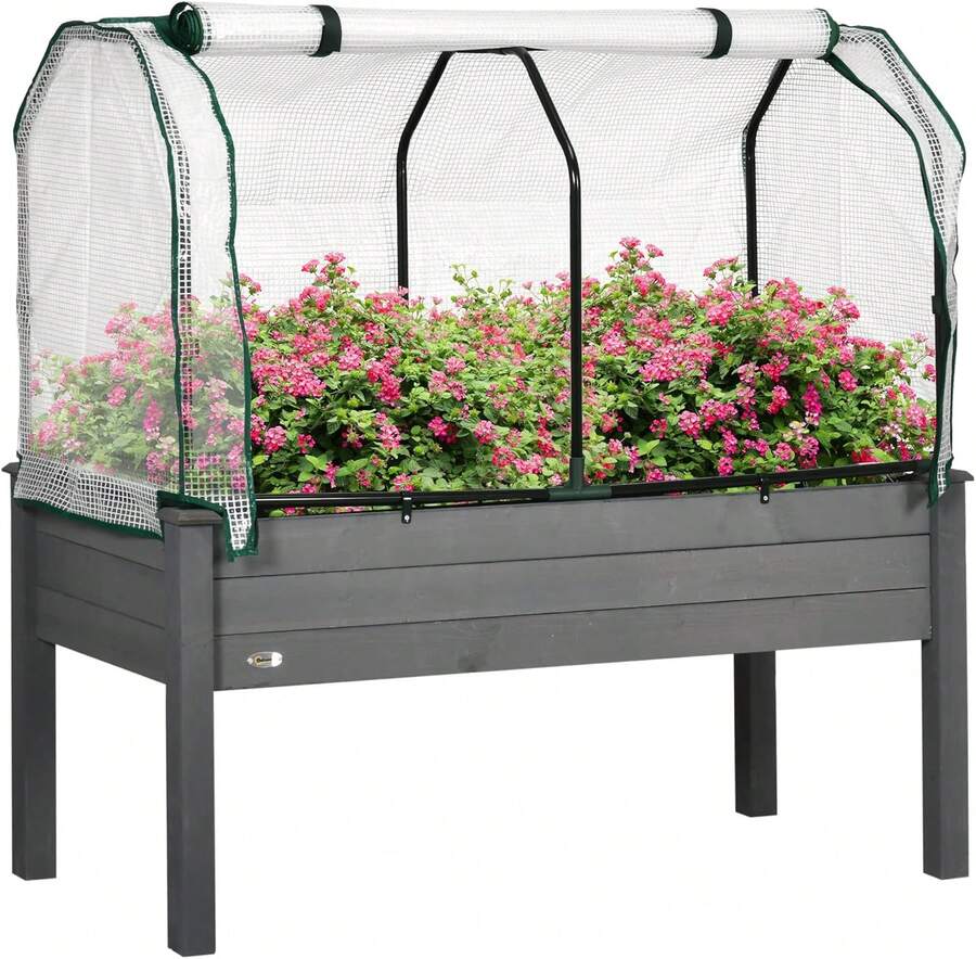 Raised Garden Bed With PE Greenhouse Cover Outdoor Elevated Wood Planter Box For Herbs And Vegetables, Use For Patio, Backyard, Balcony, 48 X 22 X 46 Inch, Dark Gray - Redwood - View 1