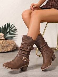 棕色褶皱搭扣粗跟圆头套脚舒适优雅百搭通勤日常骑行靴，时尚女靴 - 摩卡棕 - 查看 5