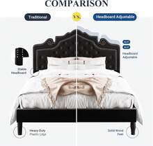 Full Size Platform Bed Frame With Adjustable Velvet Tiara Headboard, Upholstered Diamond Button Tufted, Wood Slats Support, No Box Spring Needed, Black - Negro - Ver 7