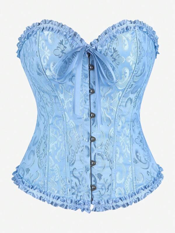 Corset Overbust Bustier, Classic Corset Bodice Strapless Sweet Fitted Boned Bodysuit, Ruffle Trim Waist Cincher Backless Shapewear, Suitable For Masquerade, Halloween