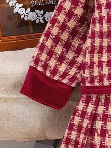 2 件女婴天鹅绒领蝴蝶结格子夹克和百褶裙套装，秋冬优雅装扮 - 酒紅色 - 查看 7