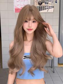 alicegarden 1 合成耐热长卷发假发，金色长卷发带刘海，26 英尺长，纤维制成，适合日常使用，天然人造假发