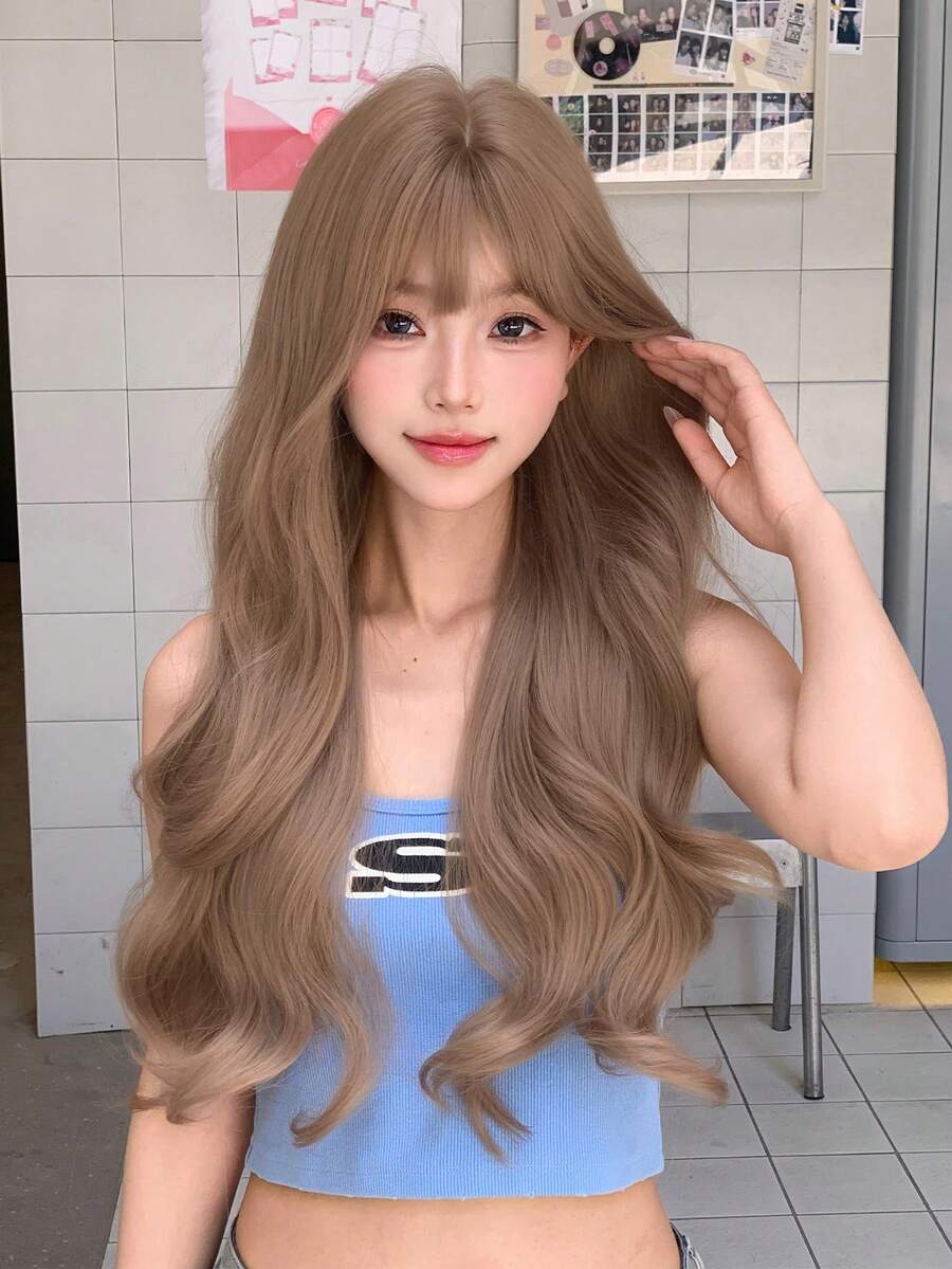 alicegarden 1 合成耐热长卷发假发，金色长卷发带刘海，26 英尺长，纤维制成，适合日常使用，天然人造假发