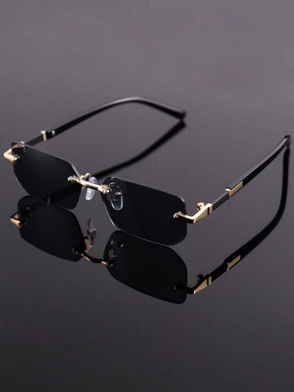 1pc Men's Square Frameless Black & Golden Frame Retro Fashion Fashion Glasses, Hip Hop Style Design Back To School Fashionable Preppy School Look