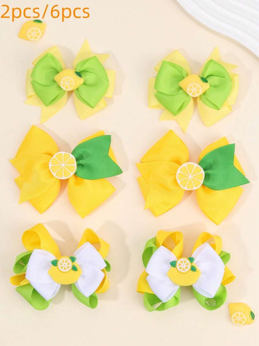 2pcs/6pcs Girls Yellow & Orange Fabric Bow Hair Clips, Lemon Twist Bow Beach Essential, Fashionable Hair Clips Suitable For Girls & Teenagers, Spring/Summer, Party, Holiday Gift - Multicolor - View 1