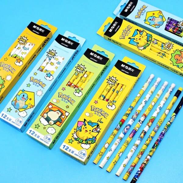 pokemon 12pcs Pokemon Creative Funny Cartoon Pikachu 2B Wooden Pencils With Erasers, Suitable For Back To School, Halloween, Christmas Gifts For Students
