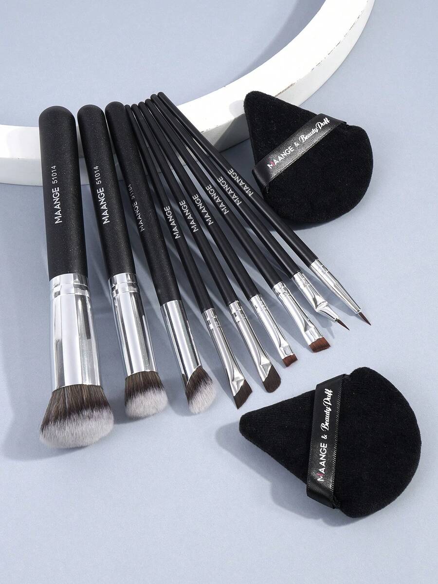 MAANGE 11件套化妆工具，包括9支化妆刷套装+2支粉扑腮红刷、粉底刷、眼线刷、睫毛刷、眉刷、眼影刷，美妆刷套装，送给女士和女孩的旅行化妆刷套装礼物。