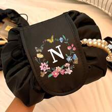 1 pieza Bolsa de maquillaje con estampado floral e inicial, bolsa de almacenamiento con cordón para viajes y el hogar - Gran regalo para mujeres, maestras, hermanas, madres para volver a la escuela, cumpleaños, aniversario, graduación, organizador de cosméticos, artículos esenciales de viaje, vacaciones, verano, artículos escolares, bolsa para mujeres, bolsa de maquillaje para viajes
