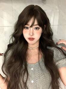alicegarden 1 Synthetic Heat-Resistant Long Rolled Wig, Black Brown Long Rolled Hair With Bangs, 28 Feet Long, Made Of Fiber, Suitable For Daily Use, Natural Artificial Wig - Black Brown - View 3