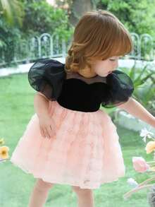 Baby Girls Bow Back Puff Sleeve Tulle Party Princess Dress, Suitable For Baby's 1st Birthday, Wedding, Party, Holiday Celebration - Pink - View 9