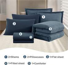 Queen Comforter Set - 7 Pieces Comforter Queen Size, Soft Solid Bedding Set For All Season, Textured Bed In A Bag With Sheets, Pillowcases & Shams (Navy Blue, 90''x90'') - Navy Blue - View 9