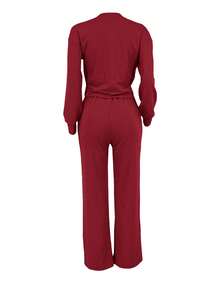 休闲户外两件套 纯色两件套 连帽两件套 优雅性感透气舒适休闲两件套 适合舞会、派对、旅行、聚会 - 酒紅色 - 查看 9