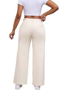 THUNDER Womens High Waisted Wide Leg Jeans Stretchy Distressed Pants - Beige White - View 5