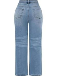 Pantalones vaqueros de tiro alto y pierna ancha con efecto desgastado y elásticos para mujeres THUNDER - Azul - Ver 2