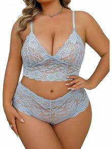 Floral Lace Lingerie Set High Waist Sleepwear Bra And Panty 2 Piece Nightwear 2025 Back-To-School Season Fall Pjs - Light Blue - 查看 1