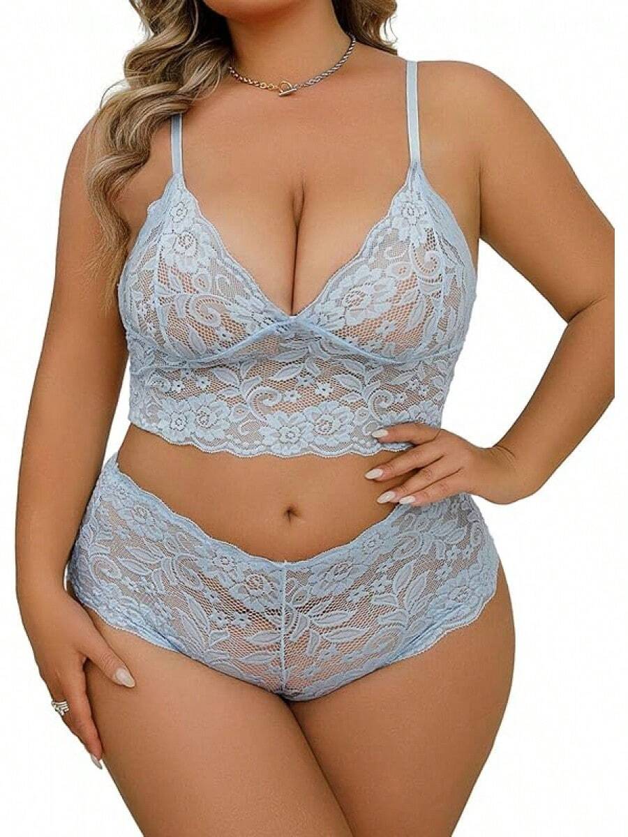Floral Lace Lingerie Set High Waist Sleepwear Bra And Panty 2 Piece Nightwear 2025 Back-To-School Season Fall Pjs - Light Blue - 查看 1