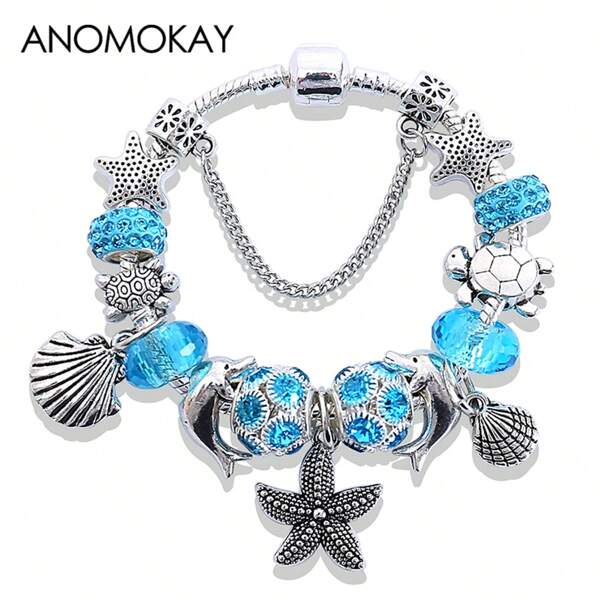 Classic Ocean Style Blue Crystal Starfish Shell Pendant Bead Bracelet Silver Turtle Dolphin DIY Charm Jewelry Casual Gift