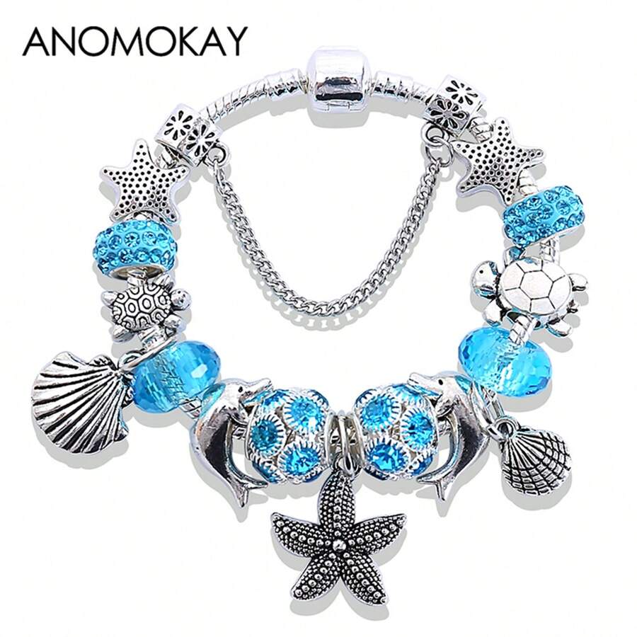Stil clasic oceanic albastru cristal stea de mare coajă pandantiv brățară cu mărgele argint broască țestoasă delfin farmecul DIY bijuterii cadou casual