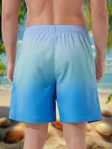 Men's Drawstring Waist Compression Lining 2-In-1 Quick Dry Beach Shorts - Baby Blue - View 2