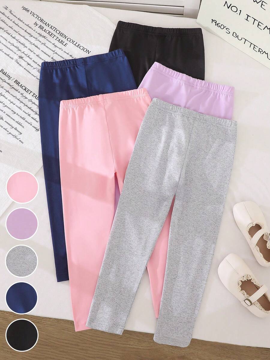 5pcs/Set Girls Casual Solid Color Legging Pants, Versatile - Multicolor - View 1
