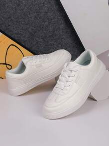 Tênis de Skate de Cano Baixo Masculino - Branco, Design de Moda, Cadarço, Palmilha Confortável de Tecido, Solado MD Durável, Bico Arredondado para Uso Casual, Adequado para Calçado Esportivo em Todas as Estações