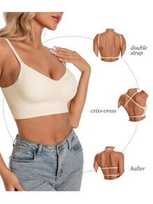 女士露背无肩带文胸，夏季无缝文胸，新娘文胸，新娘内衣，3种肩带可选，透气，肩带可调节，轻盈舒适，适合婚礼、正式礼服、吊带裙，A/B罩杯 - 杏色 - 查看 3