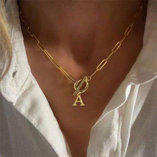 1pc 26 English Letters Design Stainless Steel Paperclip Pendant Necklace, Casual Daily Wear & Party Accessory For Women