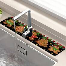 1pc Christmas Gingerbread Man Printed Sink Faucet Absorbent Pad, Gingerbread Man Printed Drain Pad, Kitchen, Bathroom Sink, Countertop, Drain Pad, Diatomite Washbasin, And Cuttable Quick-Drying Pad. - Multicolor - View 6