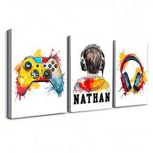 3 Personalized Game Prints, 3-Piece Game Room Wall Art Set, Boy's Bedroom Decor, Video Game Poster, Gamer Gift, Boy's Room Game Decoration Gift (Frameless)