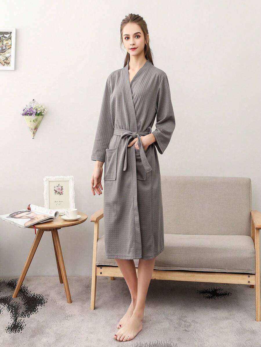 1pc Lightweight & Fashionable Home Bathrobe, Beach Robe, Quick Absorbent & Skin-Friendly Bathrobe, Couples Lounge Wear, Minimalist Plaid Bathrobe - Grey - View 1