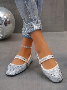 Bailarinas de mujer con purpurina plateada, talla 35-43 UE, de punta redonda, suela suave, zapatos de trabajo informales, mocasines slip-on para uso diario, fiestas, primavera y otoño