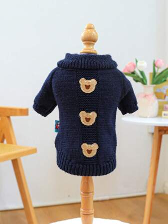 1 st husdjurskläder, mjuka och bekväma kläder för pudelvalp/liten hund/katt, stickad tröja med mönster av kakor och nallebjörn - marinblå