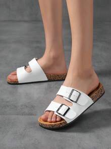 Women's Checkered Pattern Flatform Slide Sandals For Women Summer Slippers Fashionable Double Buckle Decor With Comfortable Suede Nature Cork Footbed Color Block Slipper - White - View 4