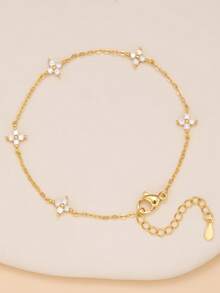 Cute & Fashionable Hollow Four-Leaf Clover Zirconia Stainless Steel Bracelet & Bangle Set For Women, Suitable For Dates, Formal Parties And Gift - Yellow Gold - View 10