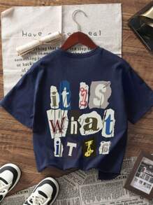Tween Boys' Letter Print Casual Navy Blue Crew Neck Short Sleeve T-Shirt, New Summer Season 1pc Top