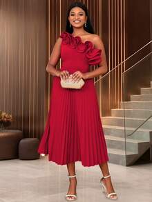 One Shoulder Frill Neck Pleated Dress Party Summer - Red - View 7