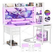 Escritorio gamer, escritorio para computadora con soporte para monitor, mesa para juegos con luces LED, mesa para PC con cajón y estantes de almacenamiento para dormitorio y sala de estar - Blanco - Ver 1