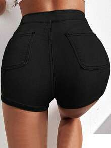 Women's High Waist Solid Color Casual Shorts - Black - View 1