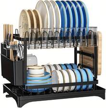 2 Tier Kitchen Sink Dish Drainer Rack With Drip Tray Cutlery Holder Plate Rack,Kitchen Accessaries,Dish Drying Rack,Plate Rack,Multi-Function Dish Rack, Kitchen Rack, Drain Sink, Bowls, Chopsticks, Cups & Plates & Knives Storage Rack Holder, Carbon Steel, Large Capacity - Multicolor - View 15