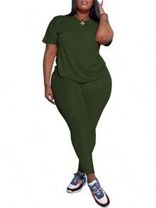 Women's Plus Size 2 Piece Outfits Tracksuits Short Sve Top Pants Sets Sweatsuits - Green - View 3